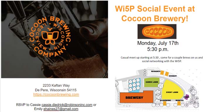 Wi5P Social Event at Cocoon Brewery in De Pere, WI on Monday July, 17th at 5:30pm
